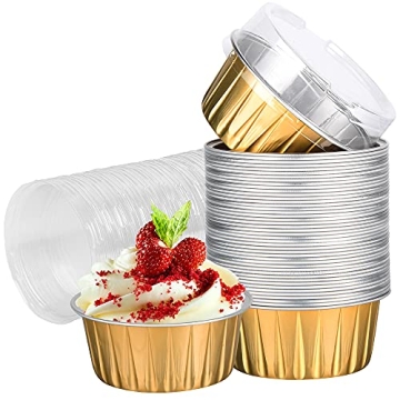 Disposable Ramekins with Lids, 25 Pack/ 5 oz Gold Aluminum Foil Dessert Baking Cups, Reusable Cupcak...