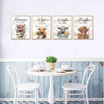 Highland Cow Bathroom Rules Vintage Bathroom Wall Decor Set of 4(8"x10")Unframed, Wooden Rustic Bath...