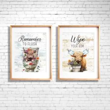 Highland Cow Bathroom Rules Vintage Bathroom Wall Decor Set of 4(8"x10")Unframed, Wooden Rustic Bathroom Decor Wall Art Funny Highland Cow Bathroom Signs Pictures Decor Hanging Decorations for Farmhouse Toilet Bathroom