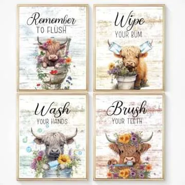 Highland Cow Bathroom Rules Vintage Bathroom Wall Decor Set of 4(8"x10")Unframed, Wooden Rustic Bathroom Decor Wall Art Funny Highland Cow Bathroom Signs Pictures Decor Hanging Decorations for Farmhouse Toilet Bathroom