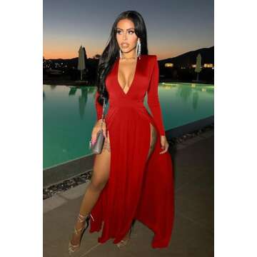 GOKATOSAU Women's Sexy Plunge V Neck Long Sleeve Double High Split Bodycon Long Maxi Dress Red