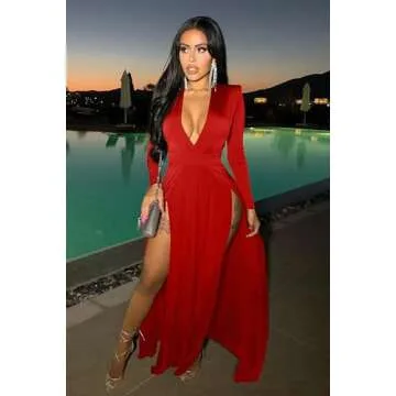 GOKATOSAU Women's Sexy Plunge V Neck Long Sleeve Double High Split Bodycon Long Maxi Dress Red