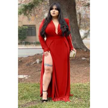GOKATOSAU Women's Sexy Plunge V Neck Long Sleeve Double High Split Bodycon Long Maxi Dress Red