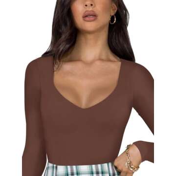 REORIA Women's Sexy V Neck Long Sleeve Bodysuit - Plus Size Available