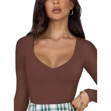 REORIA Women's Sexy V Neck Long Sleeve Bodysuit - Plus Size Available