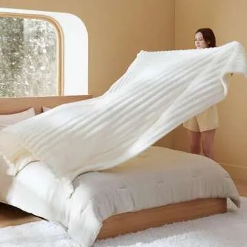 Bedsure Blankets Queen Size for Bed - Super Soft Cozy Blankets for Women, Cute Large Fleece Throws for Girls, White，90x90 Inches, Wider Striped Design