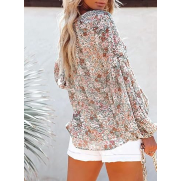 SHEWIN Blouses for Women Fashion 2023 Casual Floral Long Sleeve Boho Tops Loose V Neck Spring Dress Shirts Fall Outfits,US 8-10(M),Multicolor