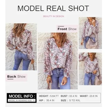 SHEWIN Blouses for Women Fashion 2023 Casual Floral Long Sleeve Boho Tops Loose V Neck Spring Dress Shirts Fall Outfits,US 8-10(M),Multicolor