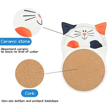 Funny Cat Themed Absorbent Ceramic Drink Coasters, Perfect for Cat Decor and Gift for Cat Lovers, Birthday, Christmas, Housewarming
