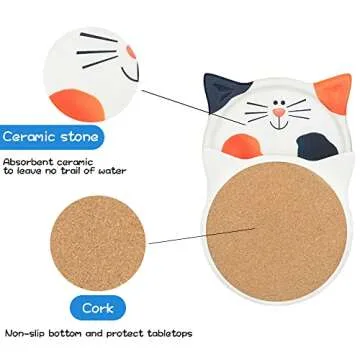 Funny Cat Themed Absorbent Ceramic Drink Coasters, Perfect for Cat Decor and Gift for Cat Lovers, Birthday, Christmas, Housewarming