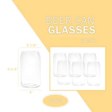 Upper Midland Products 6 Beer Can Glass Cups, 16 oz Can Shaped Drinkware