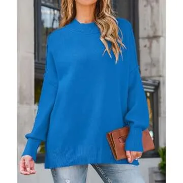 ZESICA Women's Fall Casual Long Sleeve Crew Neck Side Slit Oversized Ribbed Knit Pullover Sweater To...