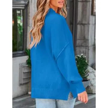ZESICA Women's Fall Casual Long Sleeve Crew Neck Side Slit Oversized Ribbed Knit Pullover Sweater Tops,BrightBlue,Large