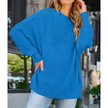 ZESICA Women's Fall Casual Long Sleeve Crew Neck Side Slit Oversized Ribbed Knit Pullover Sweater Tops,BrightBlue,Large