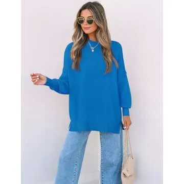 ZESICA Women's Fall Casual Long Sleeve Crew Neck Side Slit Oversized Ribbed Knit Pullover Sweater Tops,BrightBlue,Large
