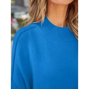 ZESICA Women's Fall Casual Long Sleeve Crew Neck Side Slit Oversized Ribbed Knit Pullover Sweater Tops,BrightBlue,Large