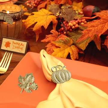 Fall Napkin Rings Set of 12, Maple Leaf and Pumpkin Thanksgiving Napkin Rings Holders for Dining Table for Thanksgiving, Gatherings, Table Decor