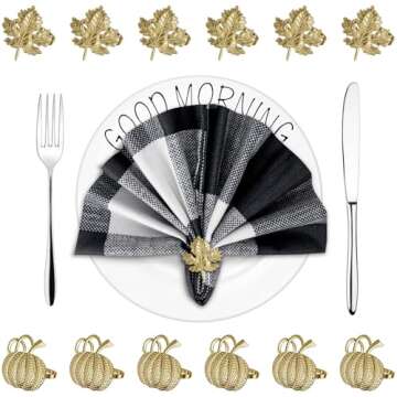 Fall Napkin Rings Set of 12, Maple Leaf and Pumpkin Thanksgiving Napkin Rings Holders for Dining Table for Thanksgiving, Gatherings, Table Decor