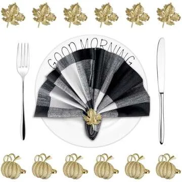 Fall Napkin Rings Set of 12, Maple Leaf and Pumpkin Thanksgiving Napkin Rings Holders for Dining Table for Thanksgiving, Gatherings, Table Decor