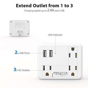 Multi Plug Outlet, USB Wall Charger Outlet Extender with High Speed 2.4A 2USB 3AC Outlets No Surge Protector Travel Power Strip, Outlet Splitter Cruise Ship Accessories Plug Extender(Gray)