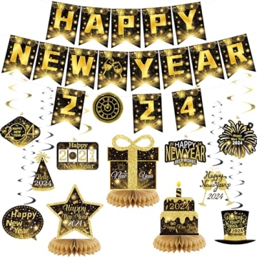 Black and Gold New Year Decorations 2024 - Happy New Year Party Set