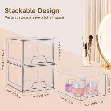Damomo 4 Pack Stackable Organizer Drawers, Clear Bathroom Makeup Organizer and Storage, Acrylic Plas...