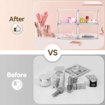 Damomo 4 Pack Stackable Organizer Drawers, Clear Bathroom Makeup Organizer and Storage, Acrylic Plastic Organizers Bins for Vanity, Undersink, Bathroom, Pantry, Kitchen Cabinets