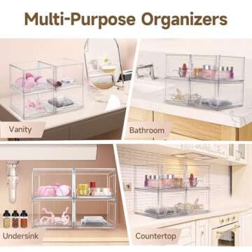 Damomo 4 Pack Stackable Organizer Drawers, Clear Bathroom Makeup Organizer and Storage, Acrylic Plastic Organizers Bins for Vanity, Undersink, Bathroom, Pantry, Kitchen Cabinets