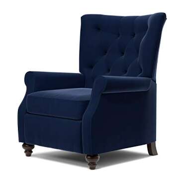 Domesis Kursi 32.5" Wide Rolled Arm Classic and Traditional Push Back Recliner Chair with Solid Wood Spindle Legs, Tufted Back with Nail Head Trim for Living Room, Bedroom, Navy Blue Velvet
