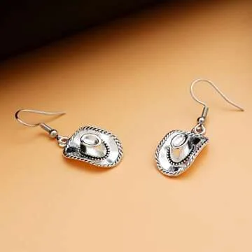 RechicGu Western West Cowgirl Texas Boots Spur Dangle Drop Earrings Rodeo Boho Fancy Dress Costume Cowboy Hat Vintage Silver