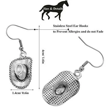 RechicGu Western West Cowgirl Texas Boots Spur Dangle Drop Earrings Rodeo Boho Fancy Dress Costume Cowboy Hat Vintage Silver