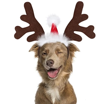 BWOGUE Dog Elk Antler Headband with Santa Hat
