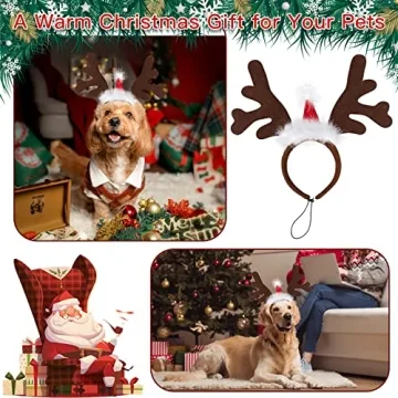 BWOGUE Dog Elk Antler Headband with Santa Hat