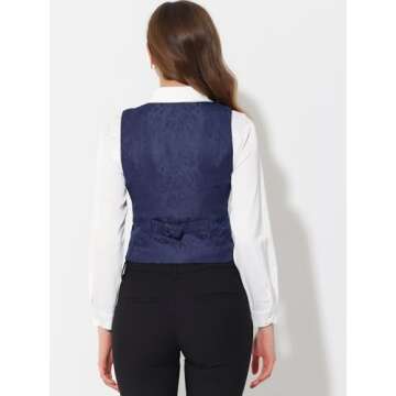 Allegra K Vintage Vest for Women's Button Up Jacquard Steampunk Suit Waistcoat with Pockets Medium Dark Blue