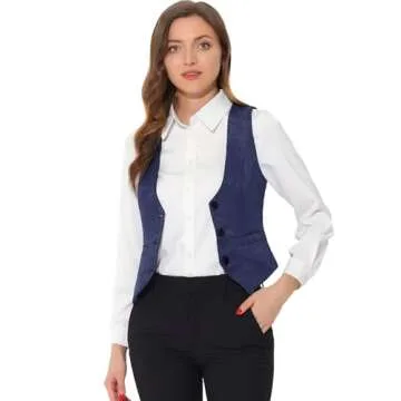 Allegra K Vintage Vest for Women's Button Up Jacquard Steampunk Suit Waistcoat with Pockets Medium Dark Blue