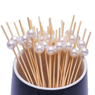 Cocktail Picks Handmade Bamboo Toothpicks 4.7" Multicolor Party Supplies 100 Counts in White Pearl