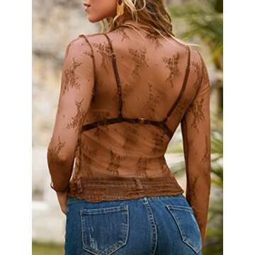 MEROKEETY Women's Mesh Sheer Layering Top with Floral Embroidery