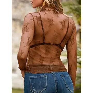 MEROKEETY Women's Mesh Sheer Layering Top with Floral Embroidery