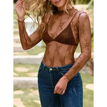 MEROKEETY Women's Mesh Sheer Layering Top with Floral Embroidery