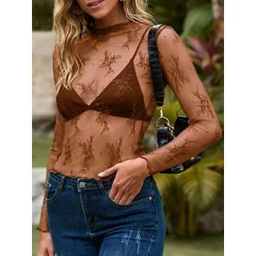MEROKEETY Women's Mesh Sheer Layering Top with Floral Embroidery