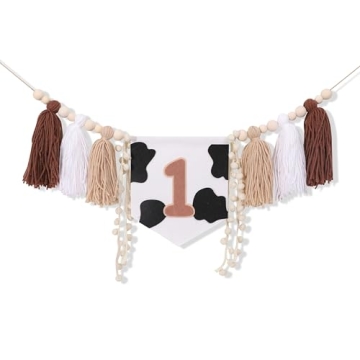 My First Rodeo Yarn Tassel Bunting - Cow Highchair Tassel Banner for 1st Birthday Party Decorations,Farm Animal Cake Smash Photo Props,Western Party for 1st Birthday Baby Showers (Cow Banner)