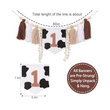 My First Rodeo Yarn Tassel Bunting - Cow Highchair Tassel Banner for 1st Birthday Party Decorations,Farm Animal Cake Smash Photo Props,Western Party for 1st Birthday Baby Showers (Cow Banner)