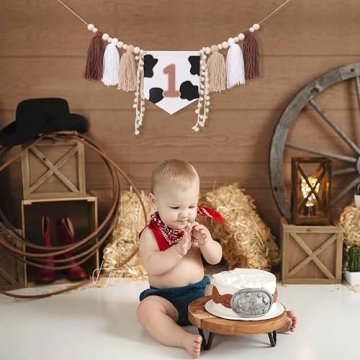 My First Rodeo Yarn Tassel Bunting - Cow Highchair Tassel Banner for 1st Birthday Party Decorations,Farm Animal Cake Smash Photo Props,Western Party for 1st Birthday Baby Showers (Cow Banner)