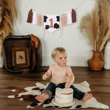 My First Rodeo Yarn Tassel Bunting - Cow Highchair Tassel Banner for 1st Birthday Party Decorations,Farm Animal Cake Smash Photo Props,Western Party for 1st Birthday Baby Showers (Cow Banner)