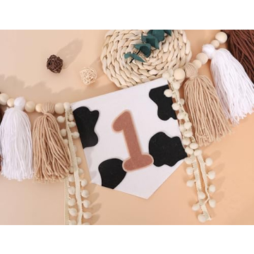 My First Rodeo Yarn Tassel Bunting - Cow Highchair Tassel Banner for 1st Birthday Party Decorations,Farm Animal Cake Smash Photo Props,Western Party for 1st Birthday Baby Showers (Cow Banner)