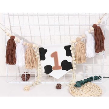 My First Rodeo Yarn Tassel Bunting - Cow Highchair Tassel Banner for 1st Birthday Party Decorations,Farm Animal Cake Smash Photo Props,Western Party for 1st Birthday Baby Showers (Cow Banner)