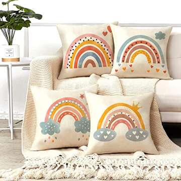 Boho Rainbow Throw Pillow Covers, Bohemian Baby Nursery Cotton Linen Pillow Cases Neutral Rainbow So...