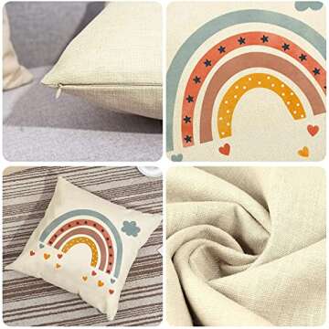 Boho Rainbow Throw Pillow Covers, Bohemian Baby Nursery Cotton Linen Pillow Cases Neutral Rainbow Sofa Couch Decor 18X 18'' Baby Shower Birthday Gift for Girls Set of 4