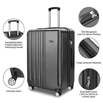 TopZK JZRSuitcase Carry On Luggage ABS+PC Suitcase with Spinner Wheels TSA Lock 20in 24in 28in (black, 20in)