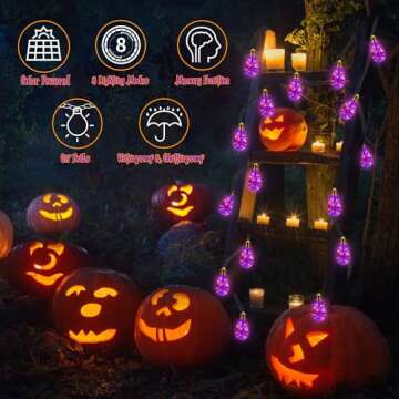 Orange & Purple Solar Halloween Lights Outdoor, 20Ft Black Hemp Rope Halloween String Lights, Waterp...